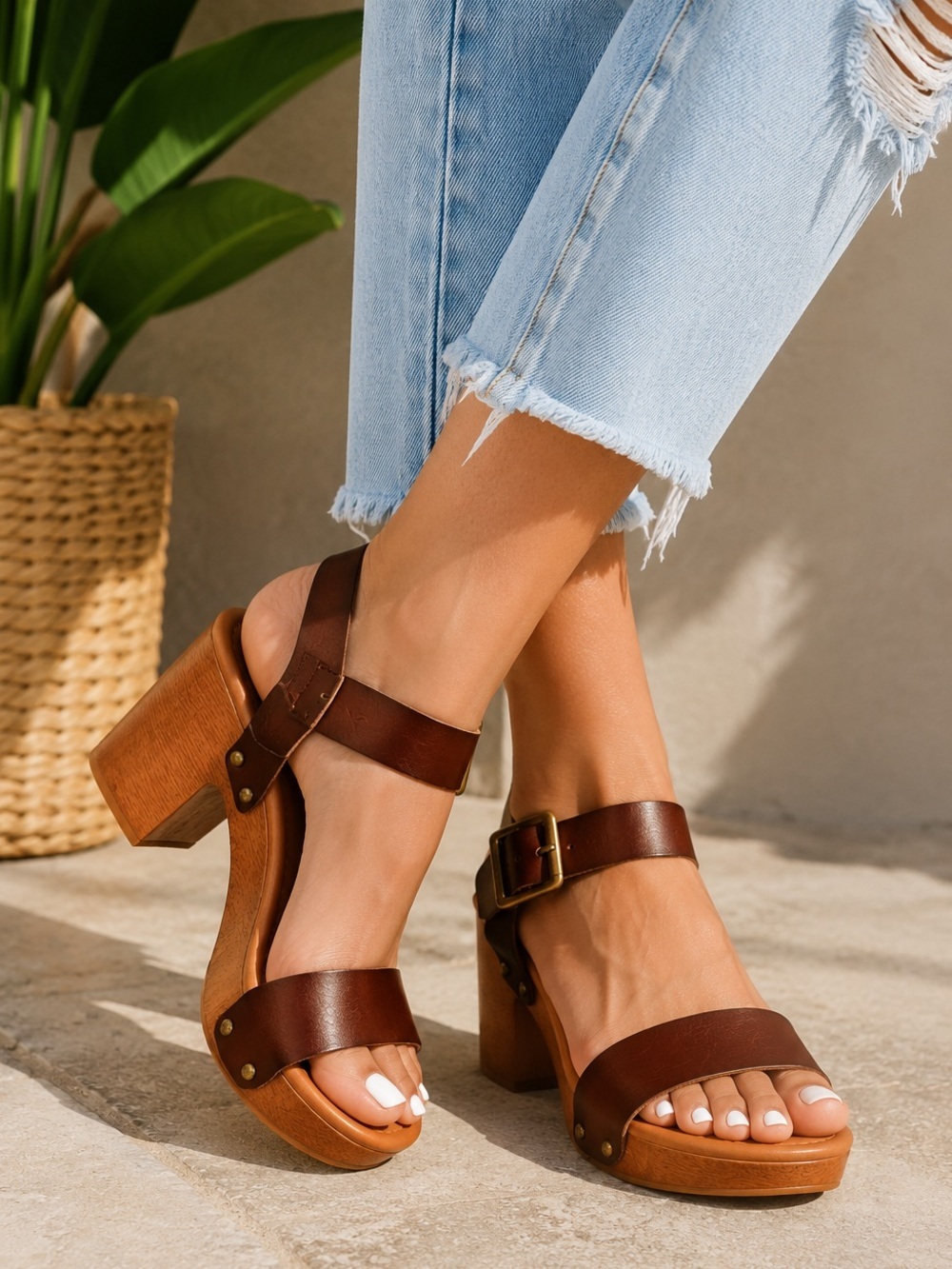CUSHIONAIRE Women's Sydney Faux Wood Sandals + LiteSole Technology NWT Size 8